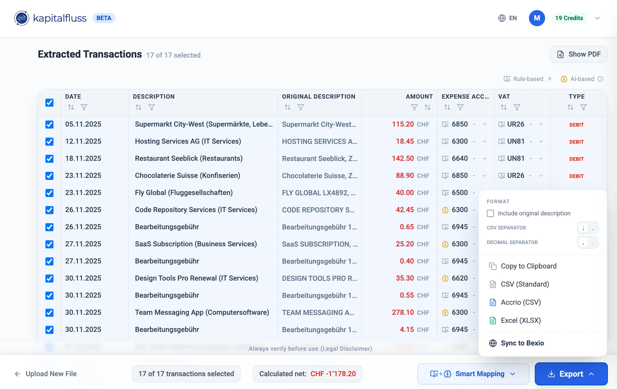 kapitalfluss Dashboard – KI-gestützte Extraktion von Kreditkartentransaktionen aus PDFs mit direkter Anbindung an Bexio